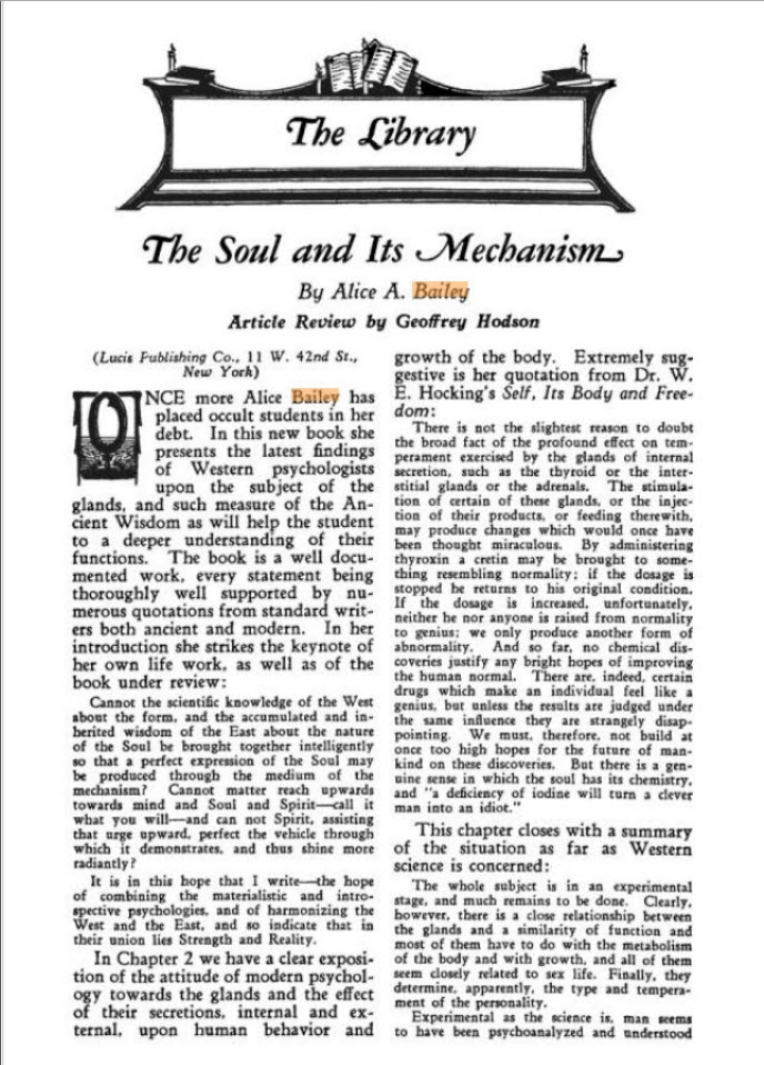 Bài báo Ông Geoffrey Hodson review quyển The Soul and Its Mechanism của bà Bailey.